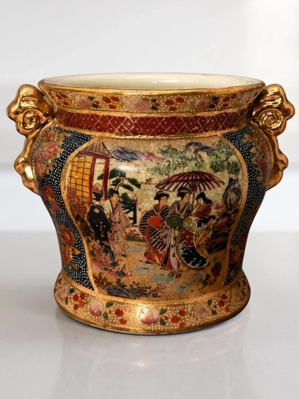 Vintage Royal Satsuma Moriage Cachepot Planter Jardiniere Lion Handles
